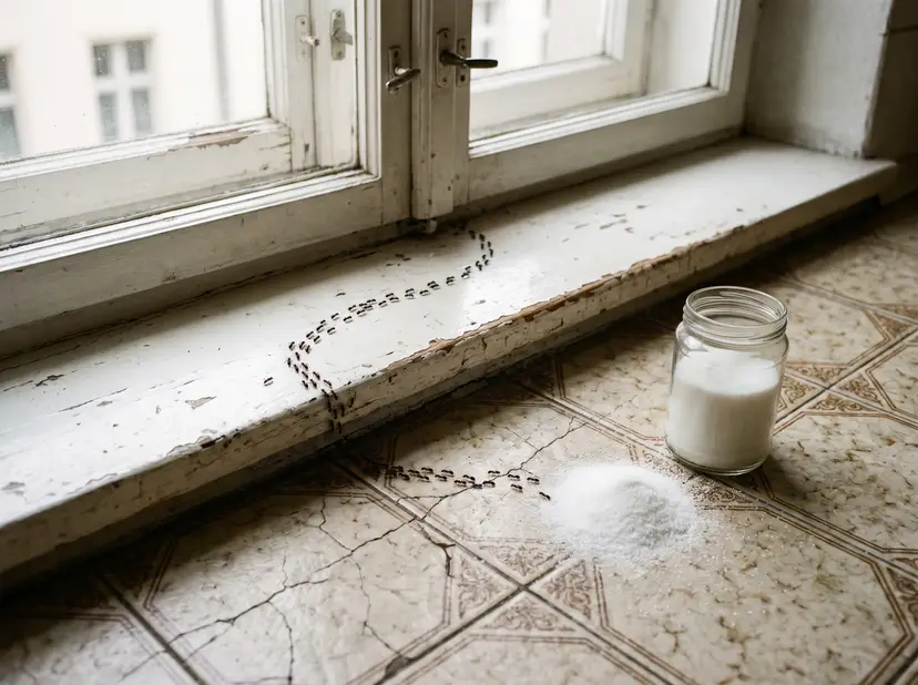 Ameisenstraße auf der Fensterbank einer Altbauküche neben einem offenen Zuckerglas