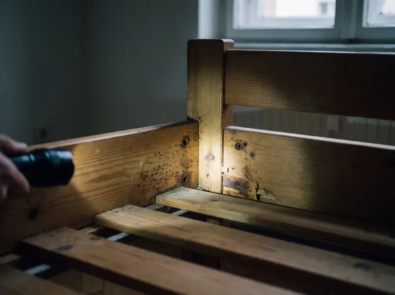 Taschenlampe leuchtet in die Fuge eines hölzernen Bettgestells, am Holz kleine dunkle Punkte