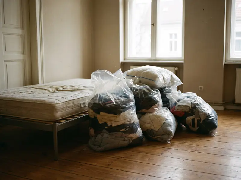 Mehrere verschlossene durchsichtige Plastiksäcke mit Bettwäsche und Kleidung neben einem abgezogenen Bett