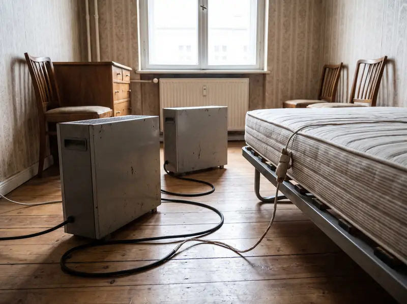 Schlafzimmer mit abgezogenem Bett, davor zwei graue Heizgeräte mit Kabeln und ein Temperaturfühler an der Matratze