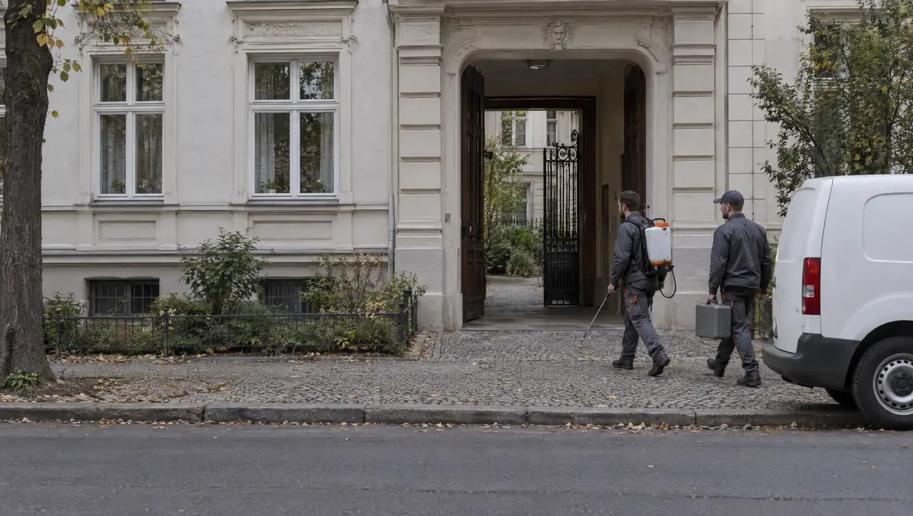 Zwei Schädlingsbekämpfer mit Sprühgerät und Koffer gehen durch eine Berliner Altbau-Hofeinfahrt