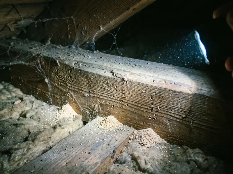 Dachbalken im Lichtstrahl einer Taschenlampe, die Oberfläche voller kleiner Bohrlöcher, darunter Häufchen von Bohrmehl