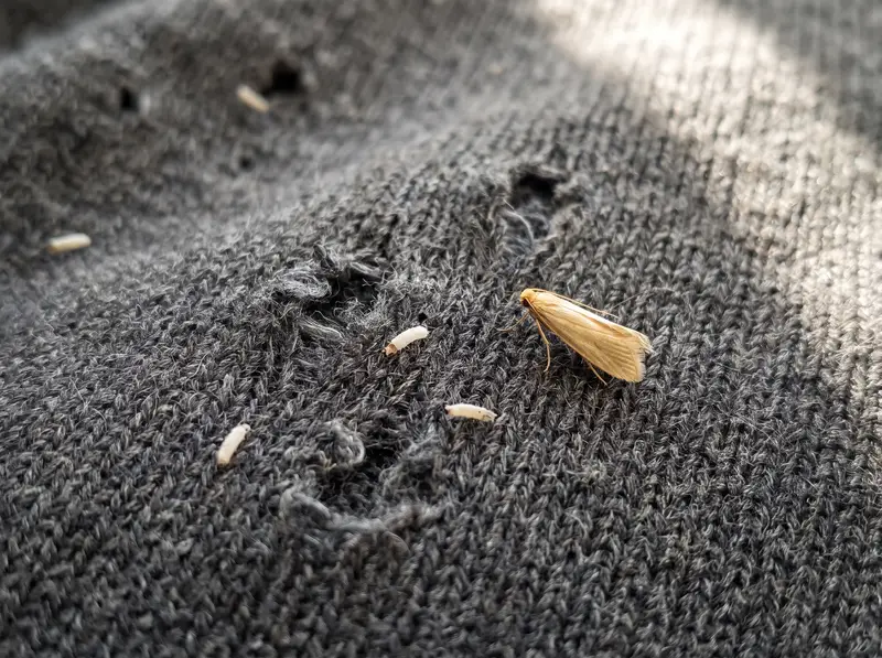 Dunkelgrauer Wollstoff mit Fraßlöchern, darauf ein gelblicher Falter und mehrere helle Larven