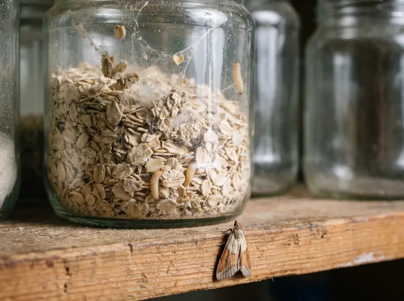 Vorratsglas mit Gespinsten von Lebensmittelmotten, davor eine Motte im Regal