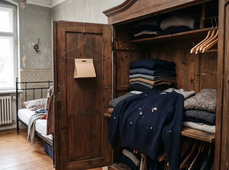 Geöffneter alter Holzschrank in einem Altbauzimmer, gestapelte Pullover, darauf ein Pullover mit Fraßlöchern, an der Tür eine Pheromonfalle