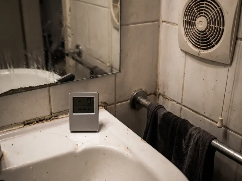 Altes Bad mit Waschbecken, Spiegel und Lüfter, davor ein kleines Hygrometer; an Fugen und Lüftergitter zeigen sich dunkle Feuchteflecken