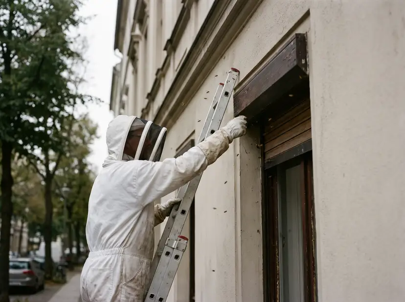 Schädlingsbekämpfer im Schutzanzug auf einer Leiter an einer Hausfassade