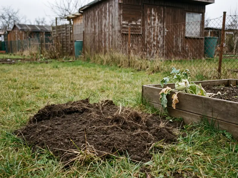 Frischer, flacher Erdhaufen im Rasen einer Kleingartenanlage neben einem Hochbeet mit angeknabbertem Kohlrabi